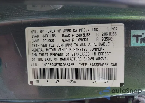 2008 Honda Accord 2.4 Ex-L from USA, damaged, VIN 1HGCP26878A038785